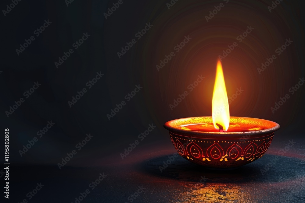 Happy Diwali Glittering diya oil lamp against dark background with copy space Happy Diwali Glittering diya oil lamp against dark background with copy space