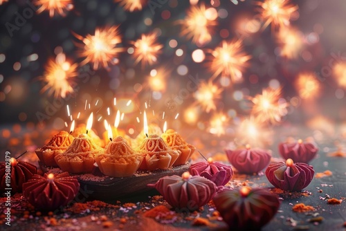 Happy Diwali Greeting Card made using sweets  or fire crackers or Diya or flowers  selective focus photo