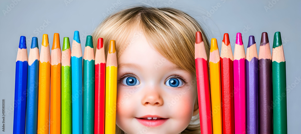 Child drawing with crayons, light background, open space on top, clear facial features Child drawing with crayons, light background, open space on top, clear facial features