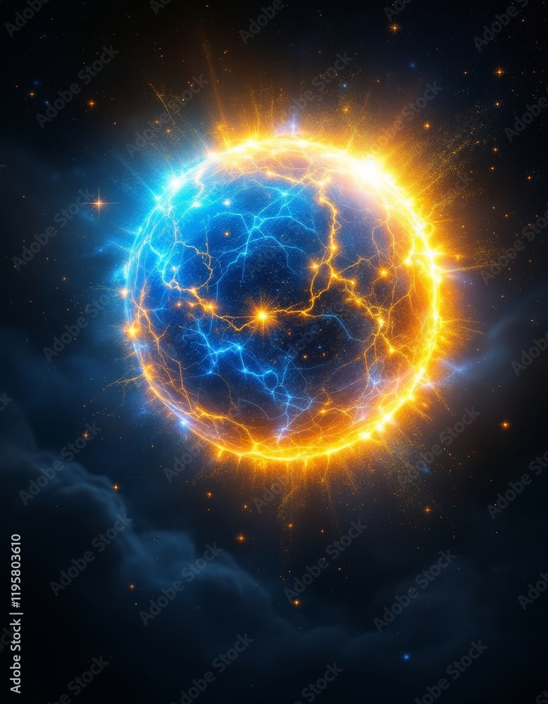 Radiant Sphere of Energy Pulsating with Blue and Gold Light in Dark Space Radiant Sphere of Energy Pulsating with Blue and Gold Light in Dark Space