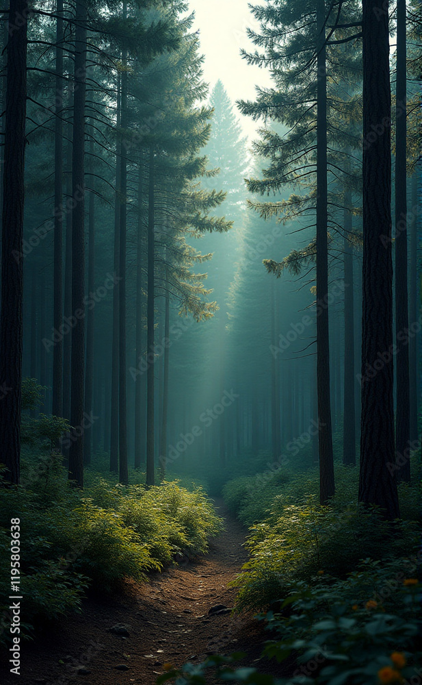 Fototapeta premium morning in the forest, forest, trees, fog, tree, mist, nature, misty, landscape, wood, sun, light, autumn, woods, green, path, morning, foggy, woodland, dark, leaf, summer, fall, foliage, trail, park