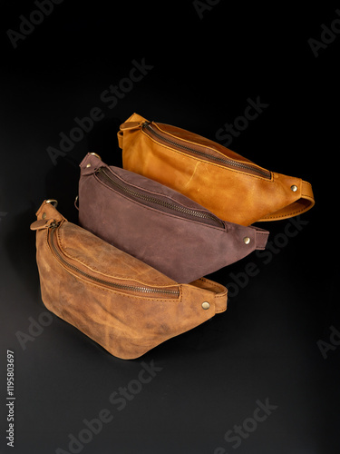 Three brown leather waist bag isolated on black background, perfect for leather craft industry catalog design photo