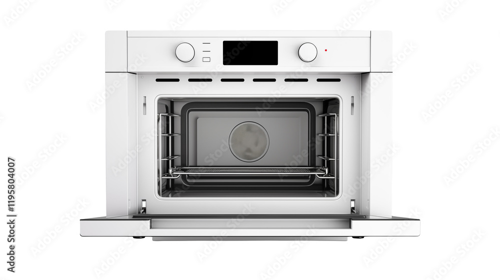 Fototapeta premium Modern White Built in Oven with Open Door Kitchen Appliance Interior View Clean Design Home Cooking