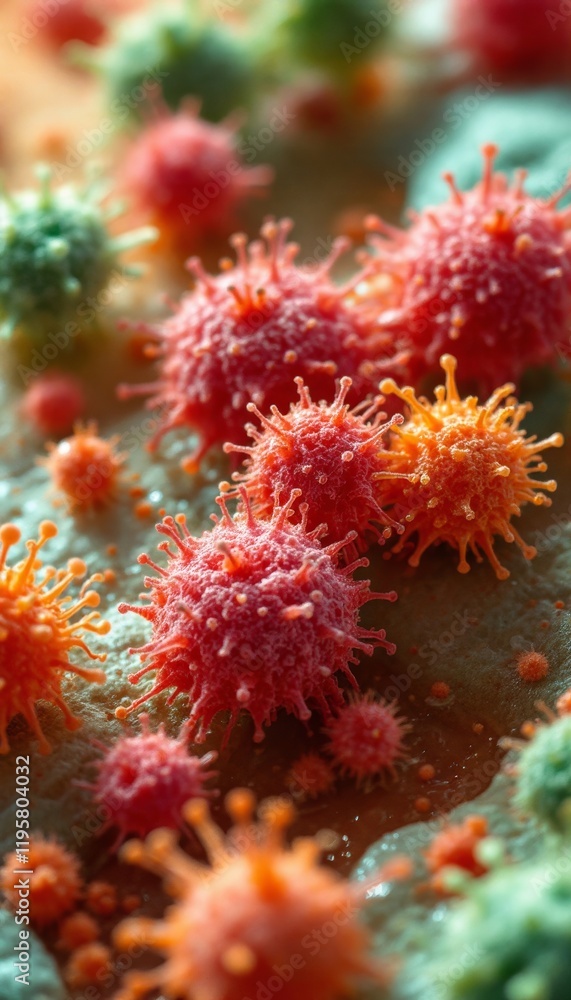 Microscopic view of vibrant germs proliferating on a slightly reflective surface under bright laboratory lighting