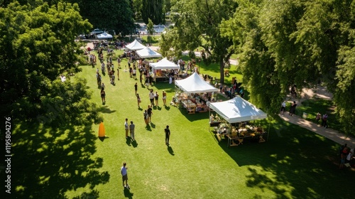 Sunny outdoor market with white tents and diverse crowd in lush green park