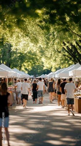 Bustling outdoor market with diverse shoppers under sunlit trees