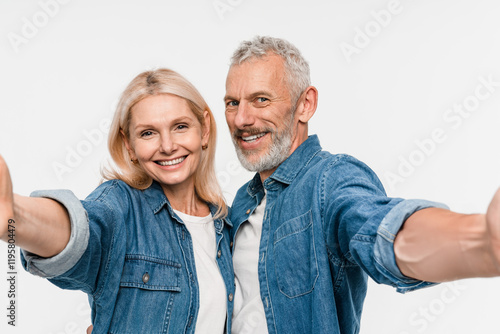 Close up of aged woman man couple family white hair guy lady pair partners make take selfies funny funky excited cheer cute date wear Demin shirt casual outfit waistcoat isolated white background photo