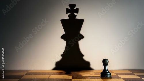 A small chess pawn stands against a wall, casting a large shadow of a chess queen behind it. The conceptual image represents the struggle for power and dominance in a competitive world.