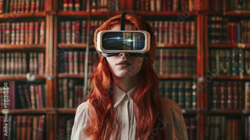 Wallpaper Mural video woman in library. Red-haired girl in virtual glasses, against the background of books, in the library. Technologies. World Book Day. Librarian's Day. Torontodigital.ca