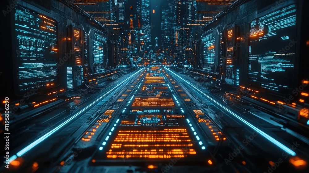 Futuristic Cityscape Corridor Illuminated With Code Screens