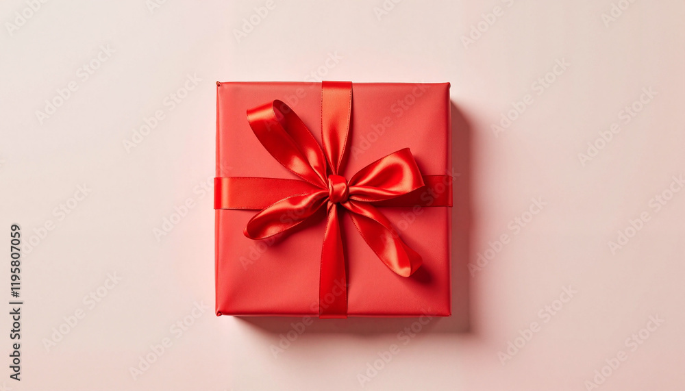 Elegant red gift box with satin bow on neutral background, celebration Elegant red gift box with satin bow on neutral background, celebration