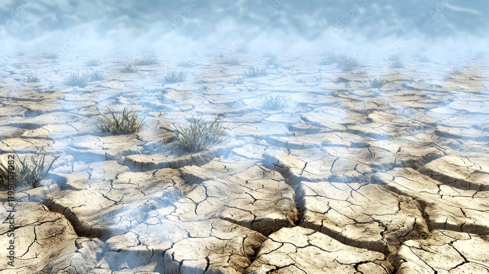 Dry cracked earth, mist, sparse grass, desert landscape, climate change illustration Dry cracked earth, mist, sparse grass, desert landscape, climate change illustration