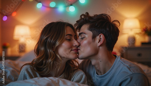 Playful couple sharing goodnight kisses during a video call, cozy warmth photo