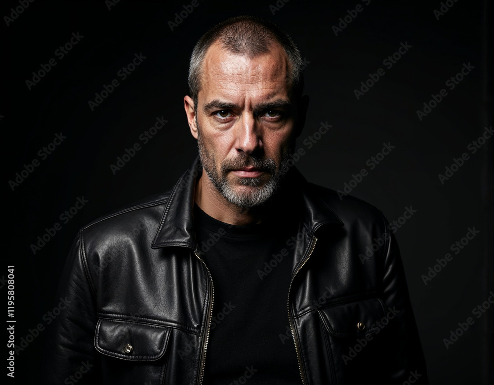 Rugged Portrait of a Man in a Leather Jacket with Dramatic Studio Lighting Rugged Portrait of a Man in a Leather Jacket with Dramatic Studio Lighting
