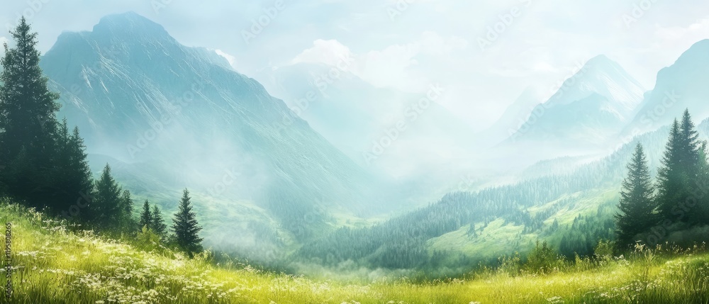 Fototapeta premium Majestic mountain landscape with serene valleys and blurred backdrop for banner use