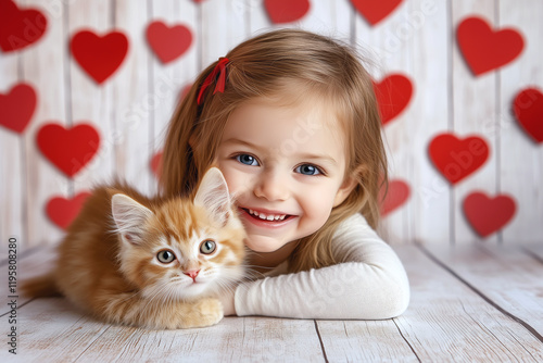 A little girl cuddles her orange kitten with love in a charming Valentine’s Day scene. Wooden hearts hang in the background, adding a cozy country feel to this sweet moment.