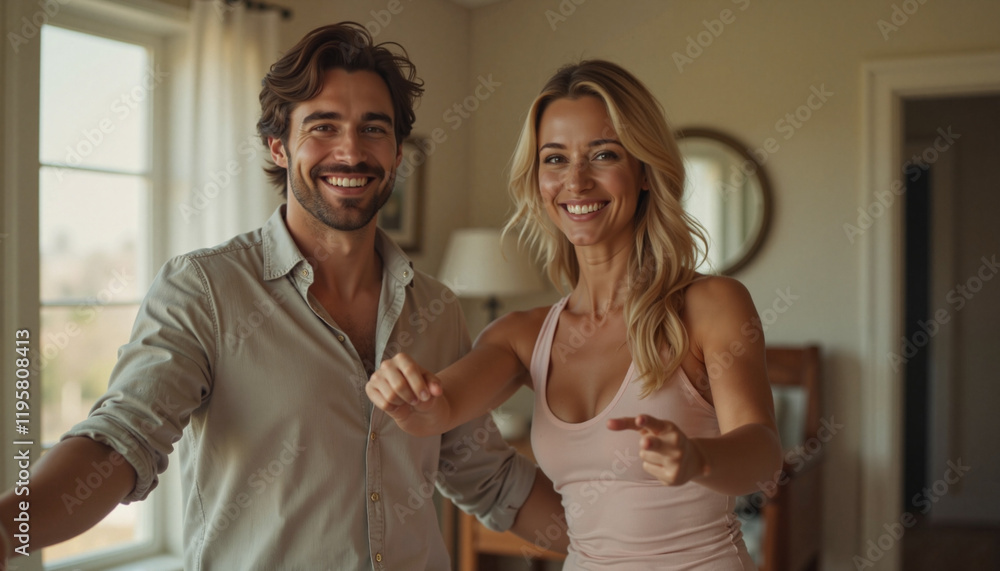 Cheerful couple enjoying a workout video in a vintage room, fitness fun Cheerful couple enjoying a workout video in a vintage room, fitness fun