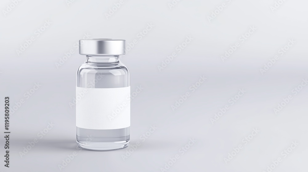 Medical glass vial with a blank label and metallic cap on a white surface, representing healthcare or pharmaceutical concepts Medical glass vial with a blank label and metallic cap on a white surface, representing healthcare or pharmaceutical concepts