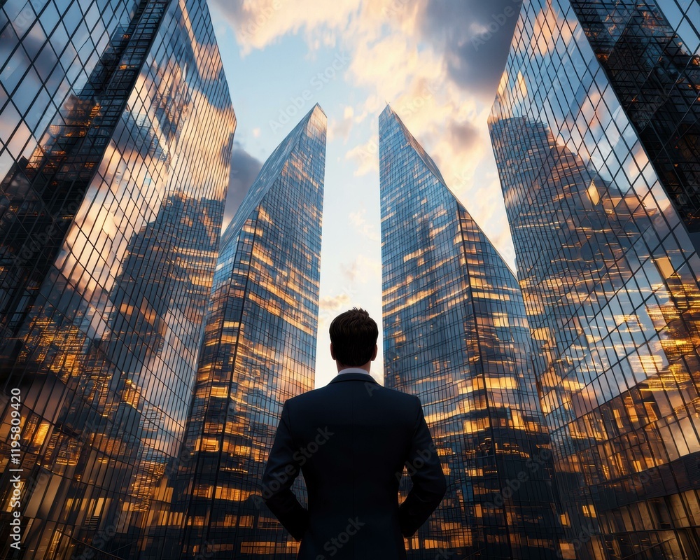 Fototapeta premium A businessman stands between skyscrapers at sunset. AI.