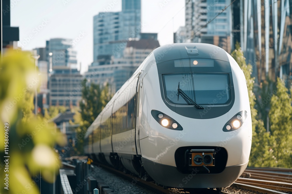 Naklejka premium Modern train arriving city, urban background
