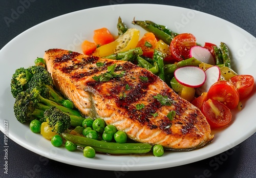 Roasted salmon steak with asparagos broccoli carrot tomato photo