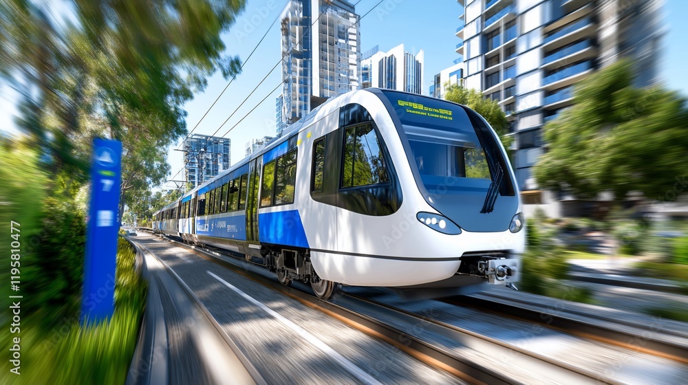 Obraz premium Modern train speeds through city, green spaces
