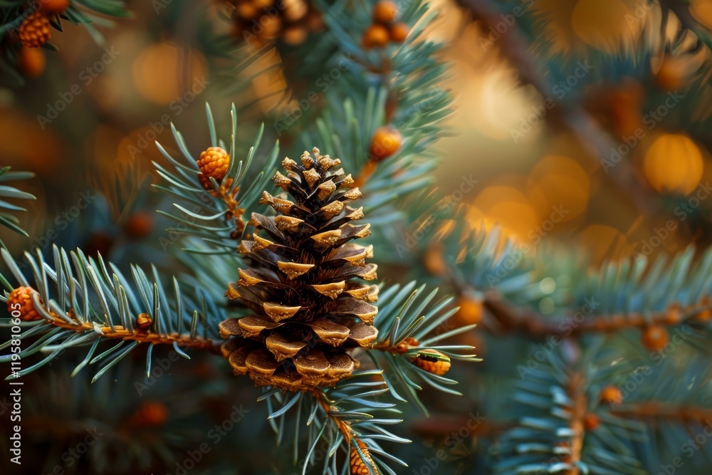 Close up of a pine cone growing on a fir tree branch, bathed in warm, inviting light, evoking feelings of nature and tranquility Close up of a pine cone growing on a fir tree branch, bathed in warm, inviting light, evoking feelings of nature and tranquility