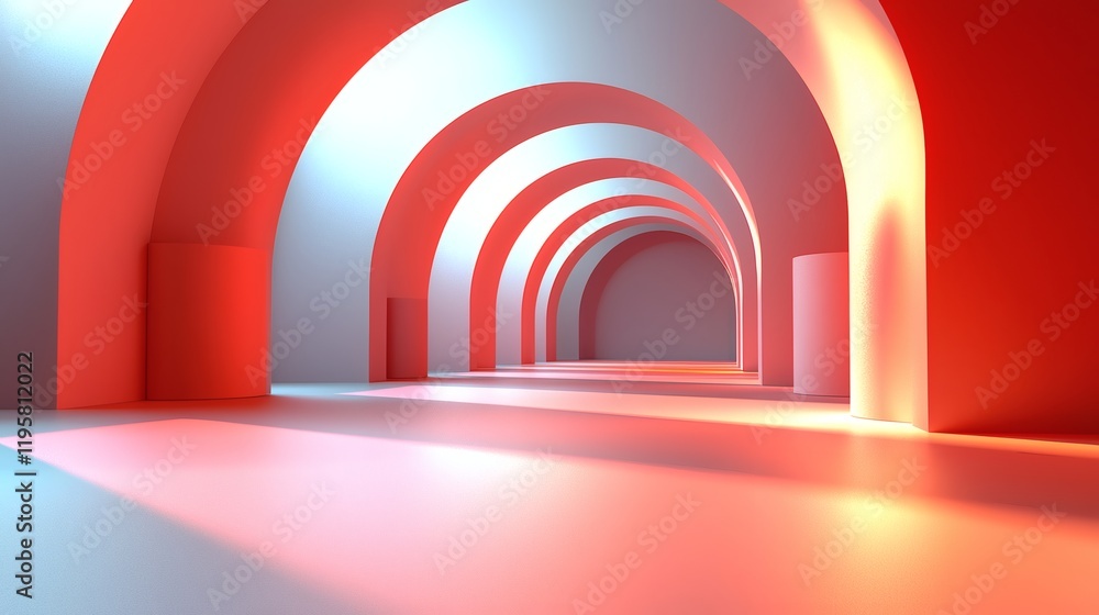 Naklejka premium Abstract Arched Corridor: A mesmerizing architectural composition featuring a series of arches in red and white, creating a surreal and inviting tunnel of light and shadow.