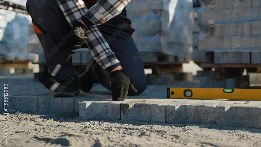Worker Installing Interlocking Paving Stones Worker Installing Interlocking Paving Stones