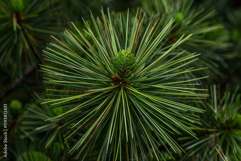Lush green pine needles radiate outwards from the center, creating a starburst pattern with a small, light green bud at the core Lush green pine needles radiate outwards from the center, creating a starburst pattern with a small, light green bud at the core