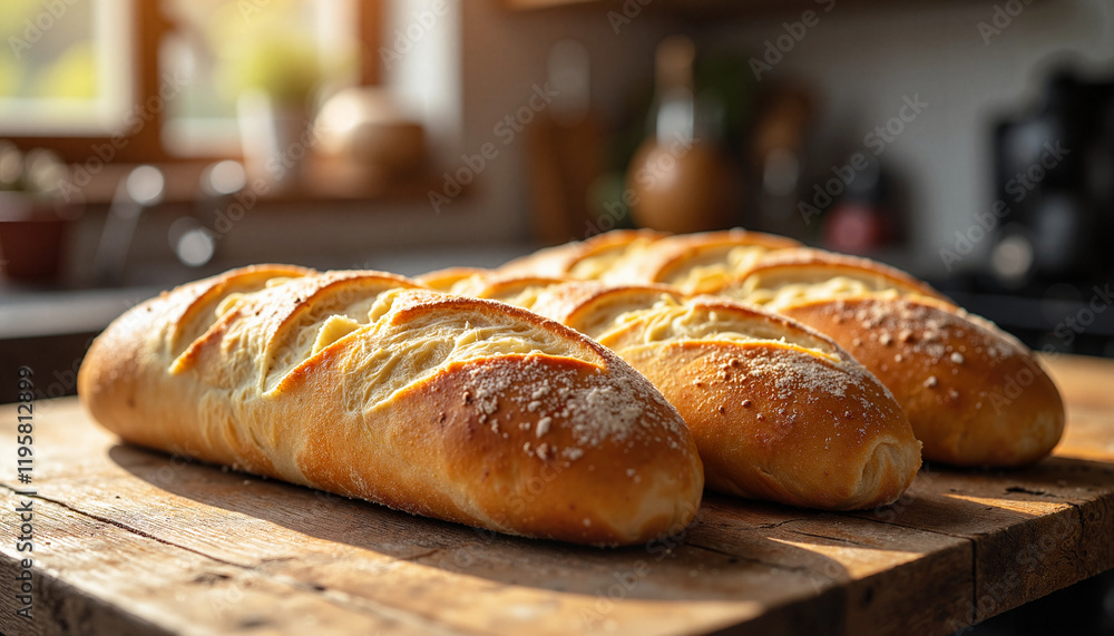Freshly baked bread loaves on wooden table Freshly baked bread loaves on wooden table