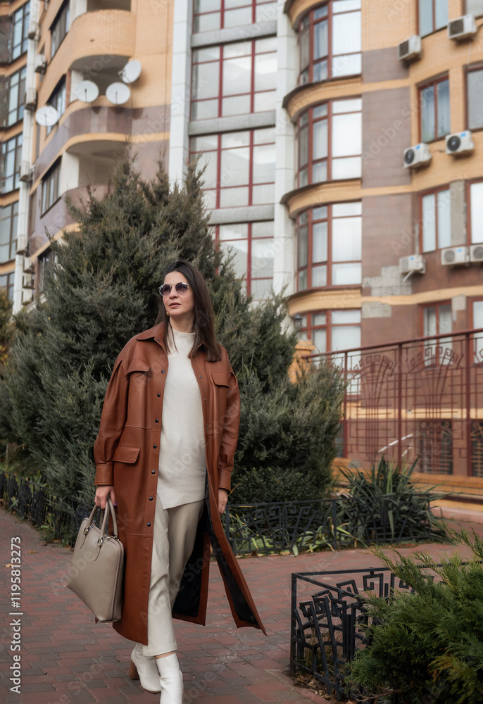 elegant woman over 40 exiting building with laptop bag elegant woman over 40 exiting building with laptop bag