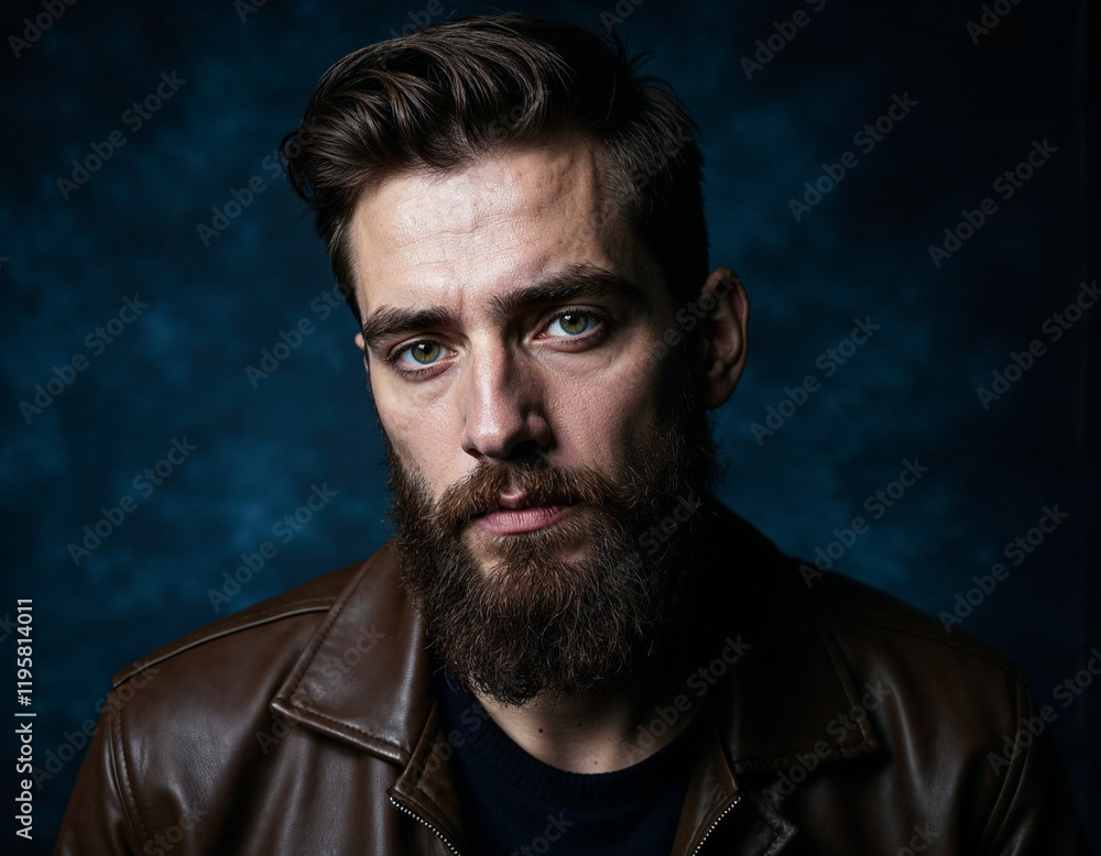 Fototapeta premium Dramatic Portrait of a Rugged Man with a Thick Beard and Leather Jacket in Moody Lighting