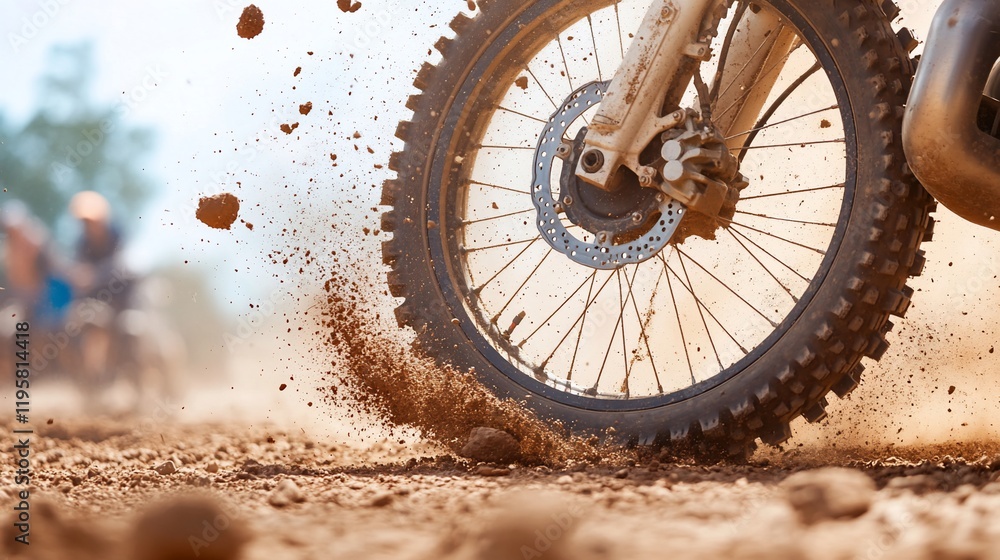 Fototapeta premium Motocross bike racing, dirt track, close-up wheel, action shot, competition