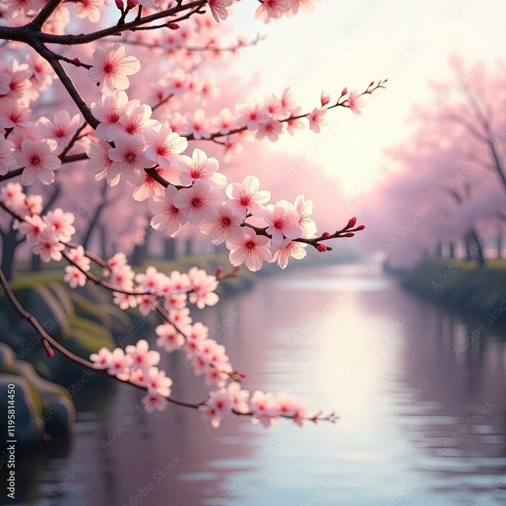 Momento de paz: cerezos en flor junto a un río apacible bajo el cielo azul Momento de paz: cerezos en flor junto a un río apacible bajo el cielo azul