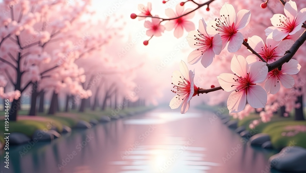 Obraz premium La belleza de la naturaleza: cerezos en flor junto a un río apacible en primavera