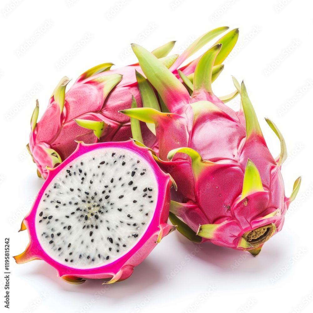 Fresh ripe pitaya showing white flesh and black seeds on white background Fresh ripe pitaya showing white flesh and black seeds on white background