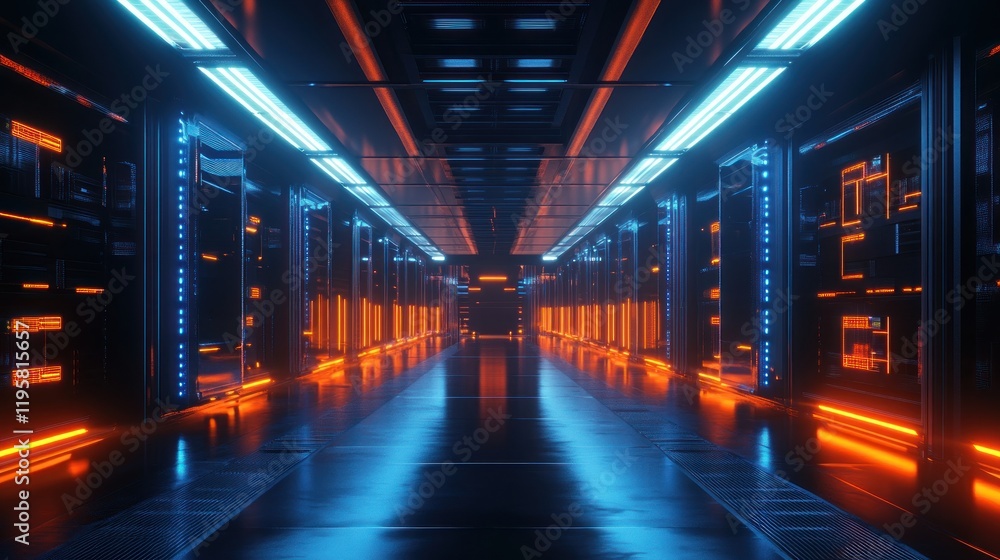 Futuristic Neon Lit Corridor With Servers Futuristic Neon Lit Corridor With Servers
