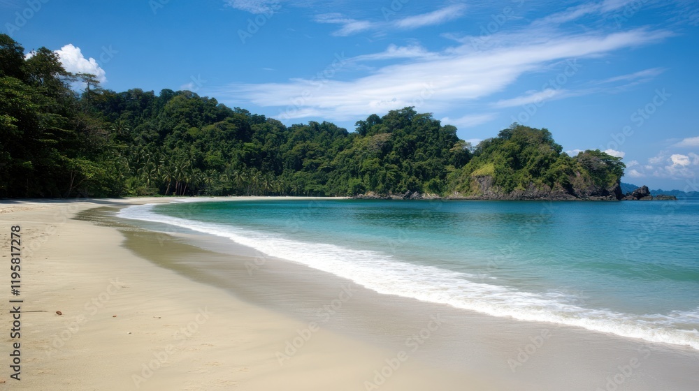 Tropical Beach Scene with Lush Green Foliage and Clear Water Tropical Beach Scene with Lush Green Foliage and Clear Water