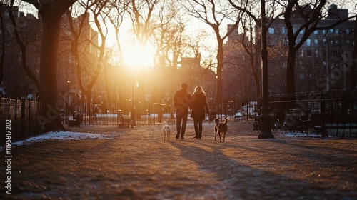 Couple Walking Dogs Sunset Park Winter