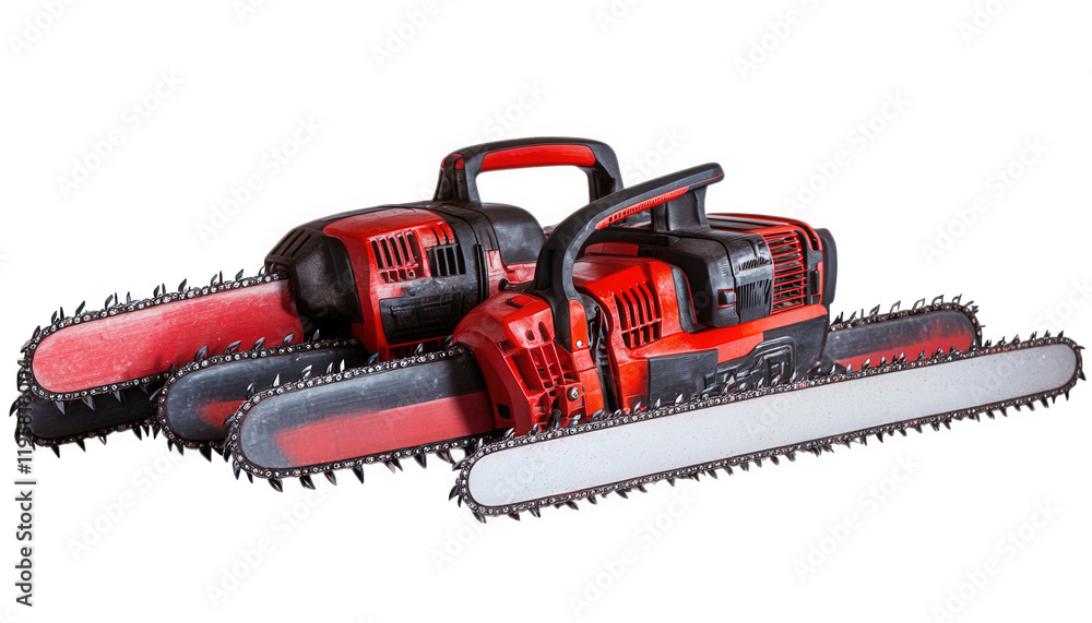Fototapeta premium Powerful Red Chainsaws Forestry Equipment Woodcutting Tools