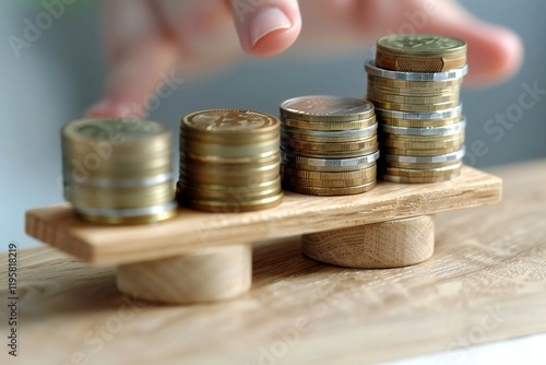 close-up of a businessperson's hand showing the unbalance between stacked coins on a wooden seesaw, symbolizing the concept of leverage and financial balance. photo