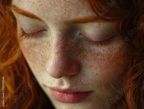 A close-up of the face of an angelic red-haired woman with closed eyes. Her skin is wet, and she has freckles. photo