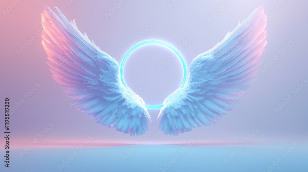 Fototapeta premium Celestial White Angel Wings with Halo in Ethereal Blue Sky, 神秘的な青い空に浮かぶ白い天使の翼と光輪.Generative AI