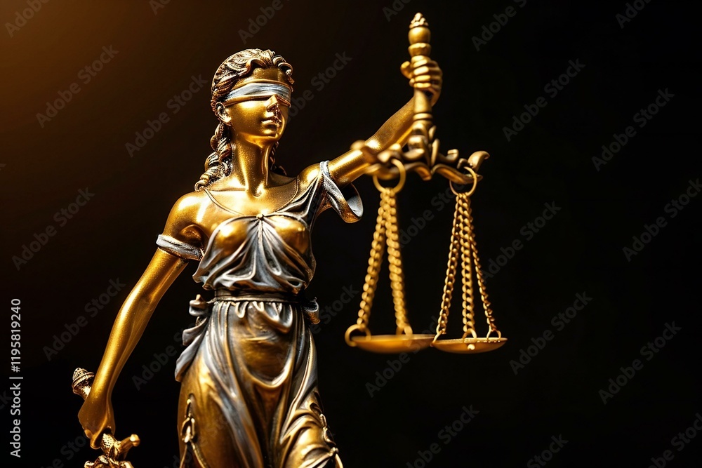 close-up photo of a gold colored justice statue against a black background, symbolizing concepts of law and justice. close-up photo of a gold colored justice statue against a black background, symbolizing concepts of law and justice.