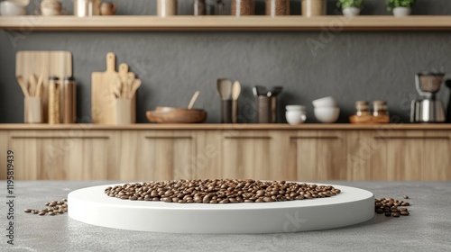 Wallpaper Mural White Round Podium With Coffee Beans, Concrete Countertop And Kitchen Interior Background Torontodigital.ca