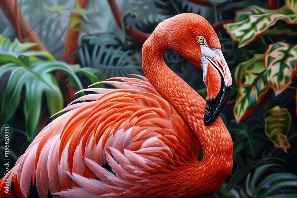 Obraz premium Close up of a pink flamingo displaying its vibrant plumage amidst lush tropical foliage