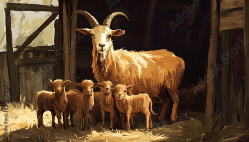 Farm Goat: Mother Goat with Baby Brown Goats in a Barn Setting