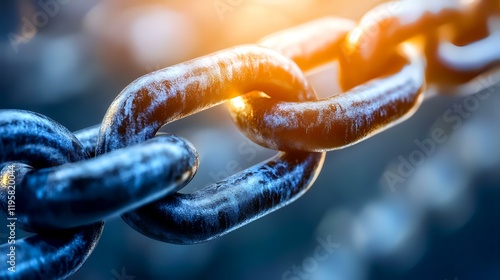 Strong metal chain links close-up, sunlit, blurred background, connection concept