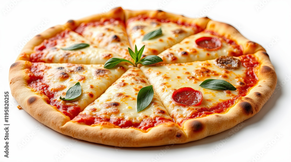 Pizza with cheese and herbs on a white background in the middle. Pizza with cheese and herbs on a white background in the middle.
